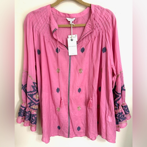 NWT LUCKY BRAND Pink Bohemian Geometric Print Metallic Peasant Blouse Size 2X - Picture 1 of 13